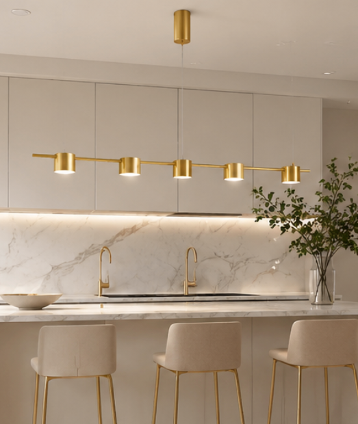 LUMIÈRE Linear Brass LED Pendant Light – Modern Luxury Dining & Kitchen Chandelier