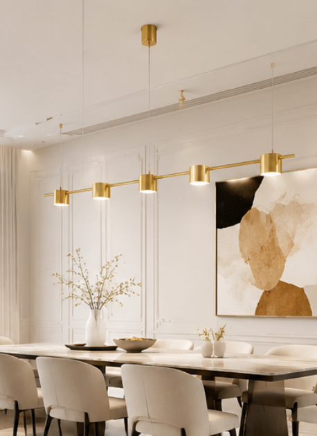 LUMIÈRE Linear Brass LED Pendant Light – Modern Luxury Dining & Kitchen Chandelier