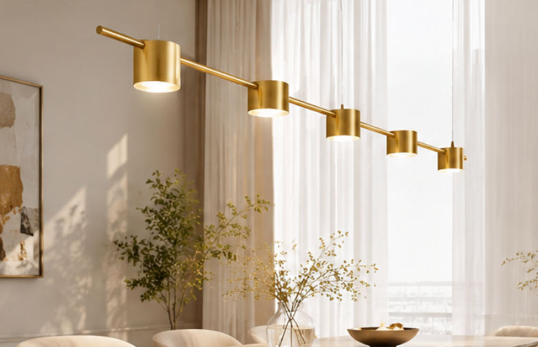LUMIÈRE Linear Brass LED Pendant Light – Modern Luxury Dining & Kitchen Chandelier