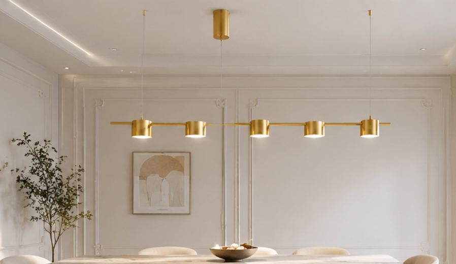LUMIÈRE Linear Brass LED Pendant Light – Modern Luxury Dining & Kitchen Chandelier